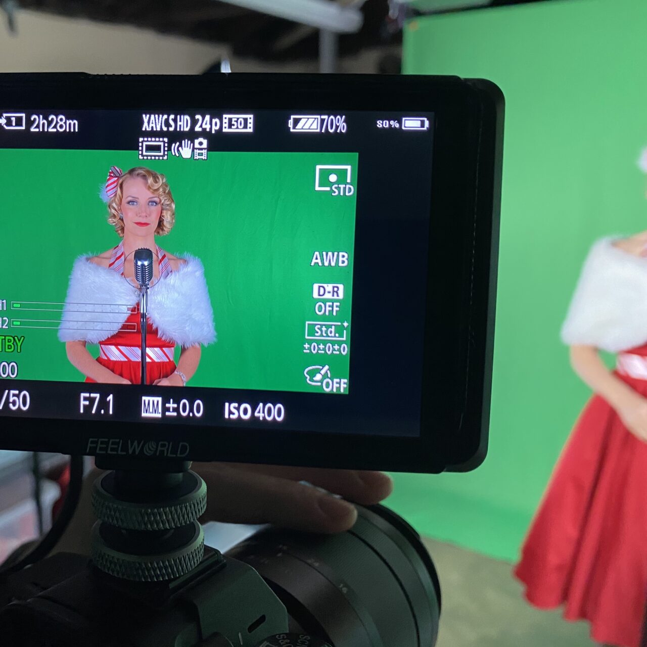 Behind the scenes snapshot of The Sugarplums performing in front of green screen for virtual entertainment